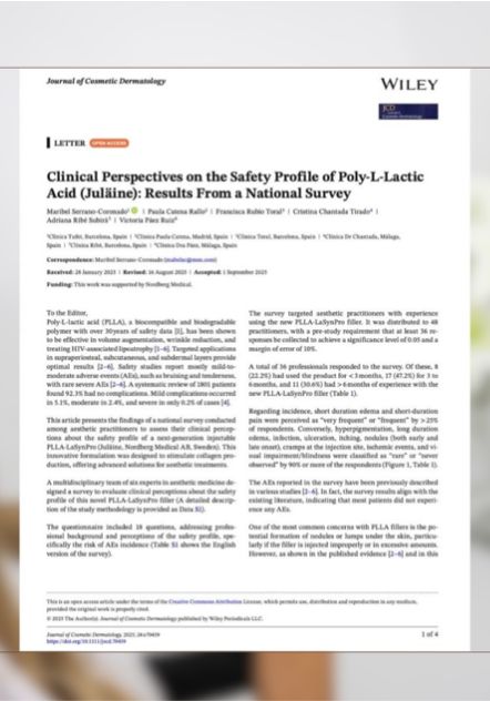 Página del artículo científico en Journal of Cosmetic Dermatology con Paula Catena como coautora